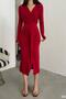 Red Double-breasted Collar Long Sleeve Slit Detail Sandy Fabric Dress - 8
