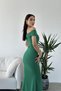 Emerald Green Crepe Fabric Short Sleeve Boat Neck Slit Detail Maxi Length Evening Dress - 4