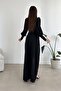 Black Balloon Sleeve Slit Detail Imported Crepe Fabric Long Evening Dress - 5