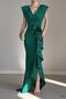 Green Double-breasted Collar Flounced Slit Detail Scuba Fabric Fishnet Evening Dress
