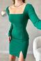 Emerald Green Square Collar Long Sleeve Slit Detail Imported Crepe Fabric Dress - 3
