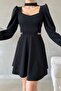 Black Chain Detail Window Collar Imported Crepe Fabric Long Sleeve Dress - 2