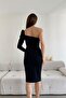 Black Single Sleeve Midi Length Crepe Fabric Dress - 5