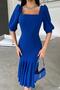 Cobalt Blue Crepe Fabric Square Collar Balloon Sleeve Fish Model Midi Length Dress - 5