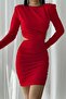 Red Waist Cutout Long Sleeve Padded Shoulders Imported Crepe Fabric Dress - 4