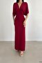 Burgundy Batwing Sleeve Sandy Fabric Long Slit Detail Dress