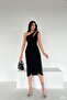 Black Crepe Fabric Single Shoulder Slit Detail Midi Dress