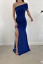 Cobalt Blue Crepe Fabric Strapless One Shoulder Gather and Slit Detail Maxi Length Dress