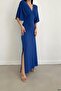 Cobalt Blue Bat Sleeve Sandy Fabric Long Slit Detail Dress - 3