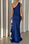Cobalt Blue One Shoulder Knot Detail Slit Long Scuba Fabric Evening Dress - 5
