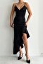Black slim strap skirt asymmetrical flounce scuba fabric evening dress