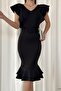 Black Flywheel Detail Scuba Fabric Belted Midi Size Fish Dress