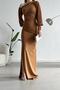 Brown One Shoulder Open Detail Imported Crepe Fabric Maxi Length Long Sleeve Dress - 4