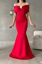 Red Madonna Collar Stone Detail Maxi Length Scuba Fabric Fishnet Evening Dress - 5