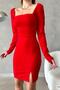 Red Square Neck Long Sleeve Slit Detail Imported Crepe Fabric Dress