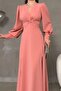 Powder Pink Crepe Fabric Front Knot Detail Maxi Length Long Sleeve Double Slit Dress - 2