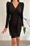Black Double-breasted Collar Belted Slit Detail Long Sleeve Imported Crepe Fabric Dress - 4