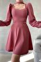Powder Chain Detail Window Collar Imported Crepe Fabric Long Sleeve Dress - 3