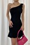 Black Single Shoulder Detail Flounced Crepe Fabric Dress - 4