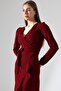 Burgundy Crepe Fabric Long Sleeve Belted Midi Dress - 7