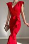 Red Double-breasted Collar Flounced Slit Detail Scuba Fabric Fishnet Evening Dress - 4