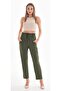 Khaki Elastic Waist High Waist Carrot Cut Stretch Crepe Trousers - 2