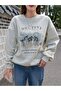 Destiny Enrich Sweatshirt - Gray Printed Oversize Ruffled Crew Neck