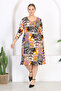Women's Orange Purple Patchwork Pattern Three Quarter Sleeve V Neck Gathered Plus Size Stretchy Dress - 3
