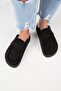 (Ecemi Platform) Women's Genuine Leather Fur Loafer Platform Black Slippers - 7
