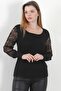 Black Pool Neck Lace Balloon Sleeve Casual Knitted Blouse
