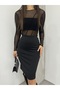 Women's Black Striped Elastic High Waist Stretchy Lycra Knitted Fitted Knee-Length Slit Skirt - 6