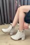 Women's Hana Cream Skin Stone Buckle (6 cm) Heeled Oval Toe Boots - 5