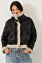 Women's Black Cream Collar Buckle Laminated Short Coat 2300 60261206 - 4