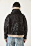 Women's Black Cream Collar Buckle Laminated Short Coat 2300 60261206 - 7