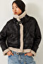 Women's Black Cream Collar Buckle Laminated Short Coat 2300 60261206 - 5