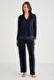 Women's Long Sleeve Front Button Navy Blue Pajamas Suit C8T0N7O9 - 3