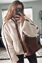 Beige Stripe Detailed Stand Collar Women's Plush Coat Mg2260