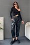 Women's One-Shoulder Open Gathered Detailed Long Sleeve Crop Blouse Black - 4