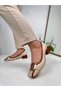 Daily Women's Tan Beige Patent Leather Loafer Heeled Shoes with Buckle and Stitching Detail, Blunt Toe Shoes 6002 - 3