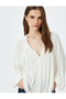 Laced Round Neck Long Sleeve Balloon Sleeve Viscose Blouse
