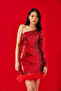 Women's Red Sequined Hem Feather Detailed One-Shoulder Lined Dress 60261225 - 6