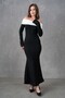 Black Knitwear Fabric White Stripe Madonna Collar Long Sleeve Evening Dress 181 - 2