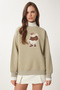 Teddy Bear Embroidered Knitted Sweatshirt Clay Green Lwe0001 - 4