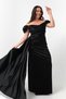 Women's Black Boat Neck Trained Long Satin Evening Dress & Graduation Dress