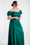 Women's Emerald Green Slim Fit Boat Neck Tailed Long Satin Evening Dress - 2