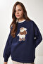 Teddy Bear Embroidered Knitted Sweatshirt Dark Blue Lwe0001 - 2