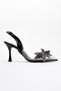 Women's Stoned Floral Transparent Heeled Shoes Black Patent Leather - 2