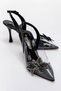 Women's Stoned Floral Transparent Heeled Shoes Black Patent Leather