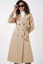 Beige 5940 Model Women's Double Breasted Collar Long Trench Coat - 3
