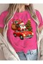 Women's Santa Claus with Car New Year Printed T-Shirt Oversize Loose Fit Christmas New Year